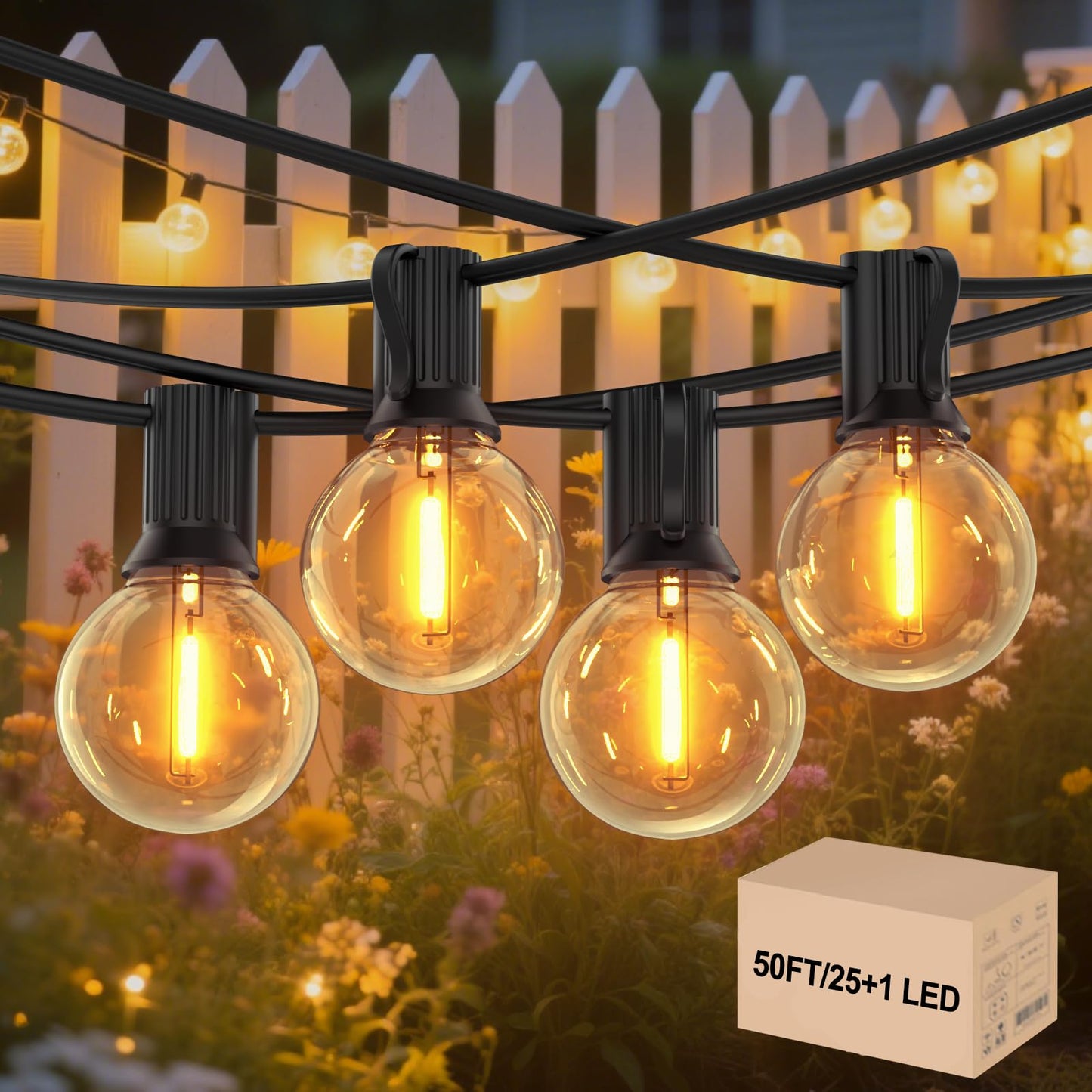 GLOBELIT Outdoor String Lights, 50FT, 25+1 G40 Bulbs, IP45 Waterproof, 2700K Warm White, Black, Mains Powered, Model G-US