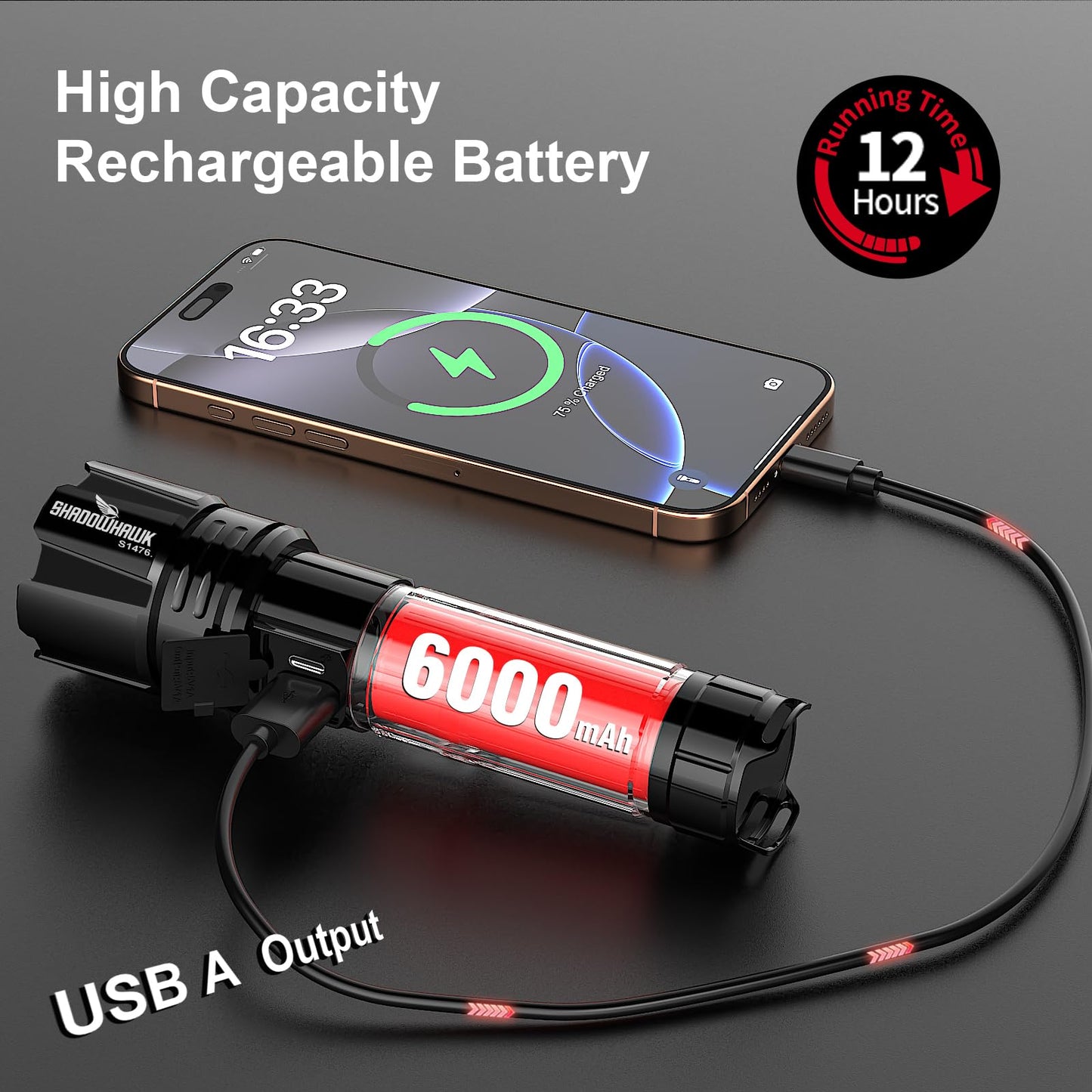 Shadowhawk Flashlight 2000 - 30W LED, 5000ft Beam, USB C Rechargeable, Aluminum, Black, Model CA-S1476