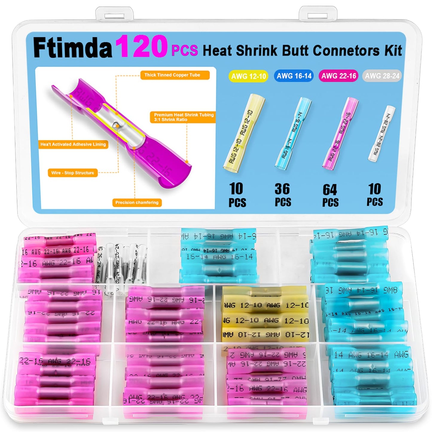 120PCS Heat Shrink Butt Connectors, Marine Grade Waterproof Electrical Wire Connectors Kit-Thickened Red Copper Butt Splice Crimp Connectors for Automotive Wiring, Boat, Speaker, Truck, Stereo, Cables
