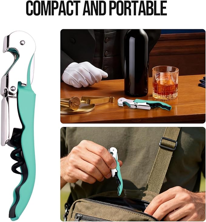 Soft Velvet Touch Waiters Double Hinge Corkscrew Wine Key Bottle Opener，Heavy Duty Waiter Corkscrew, Foil cutter and Bottle Opener,2-pack (2, Mint Green)