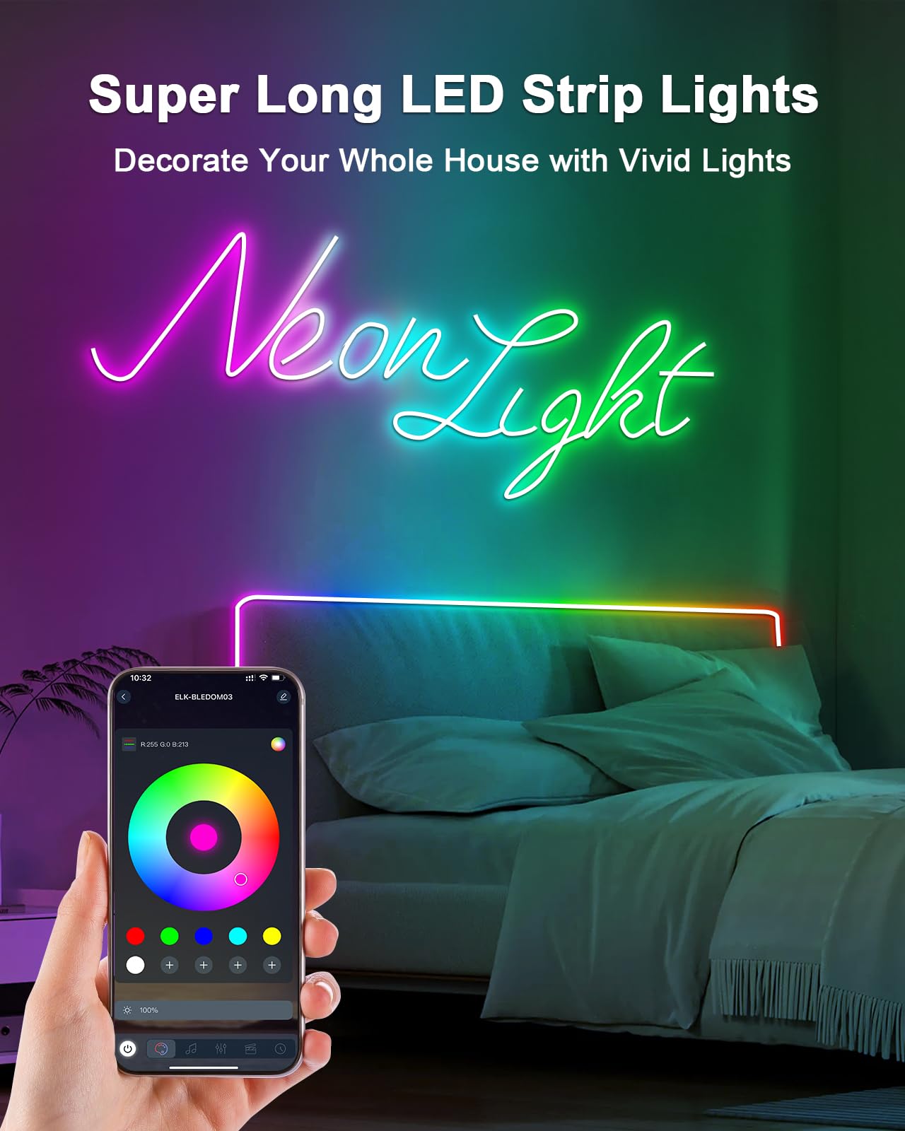 Vrribonx LED Neon Rope Lights, 60FT RGB, Flexible, Waterproof, App/Remote Control, Model V60-01