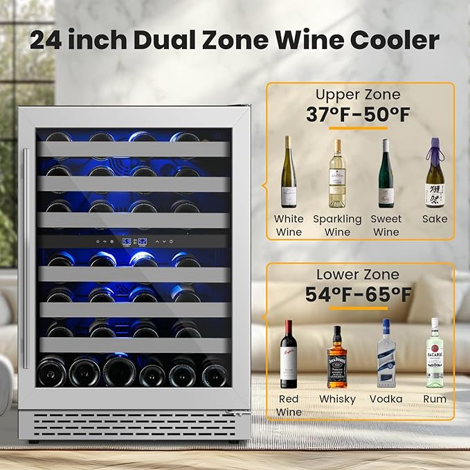 24 Inch Wine Cooler Refrigerator Under Counter,54 Bottle Dual Zone Wine Cooler,New Upgrade Built-in/Freestanding,Seamless Reversible Stainless Steel Door Wine Fridge for Home and Kitchen