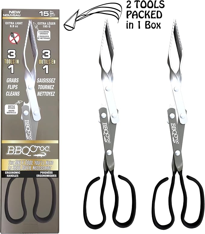 Pack of Two 15-inch 3-in-1 Barbecue Tools by BBQ Croc - Extra Light Tongs, Spatula and Grill Scraper (Green) (15 inch (Pack of 2))
