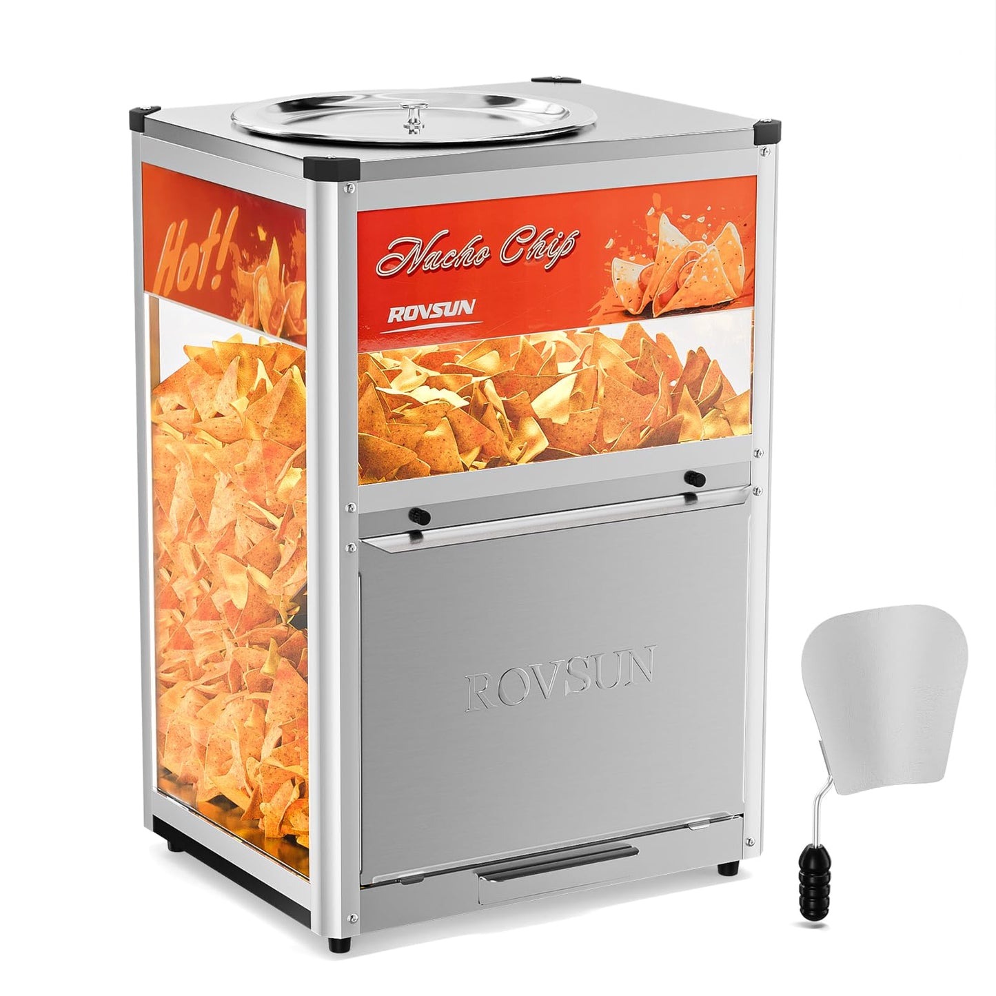 ROVSUN Nacho Machine Food Warmer, Nacho Chip Warmer Countertop Display Case with Warming Light, Removable Deflection, Glass Door, Scoop for Nacho Chips Peanuts Popcorn Stainless Steel