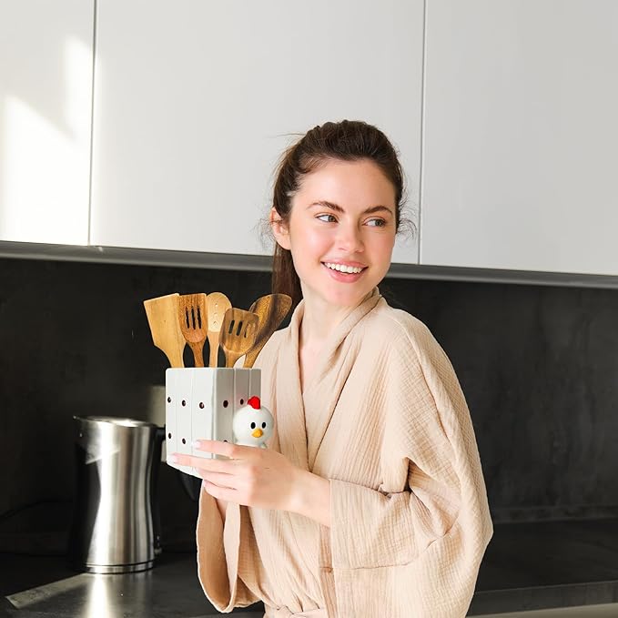 Chicken Utensil Holder | Kitchen Crock Storage | Chicken Stuff Print Accessories Decoration | Cute Chicken Gifts for Women | Gallina Pollo Animal Rooster Decor | Countertop Chick Stuff Vase