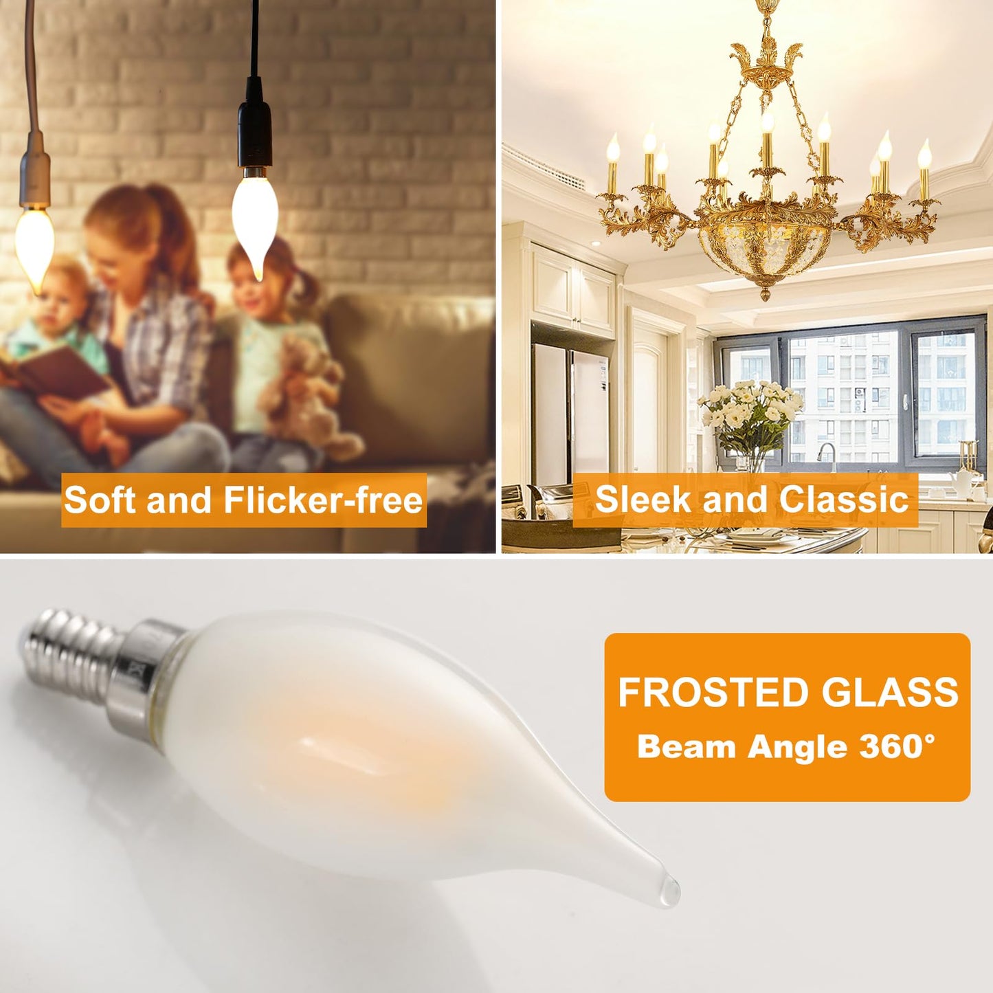 Decoaui E12 Led Chandelier Light Bulbs  4W(40W Equivalent) Dimmable C11 Frosted Glass  450 Lumens  2700K Soft White  Candle Shaped  Ideal For Candelabras Open Fixtures  6-Pack