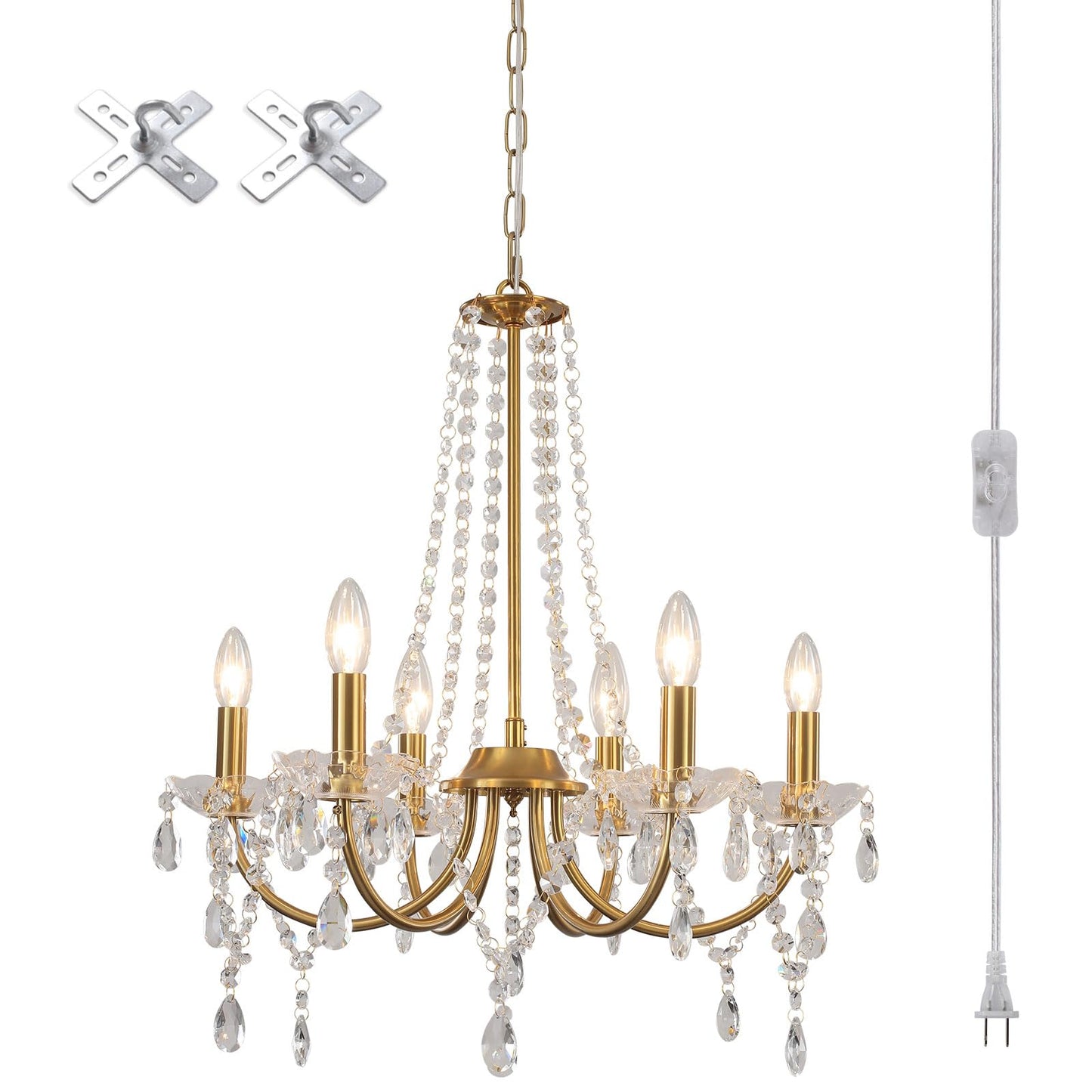 Meijia Plug In Crystal Gold Chandeliers Lighting Fixture 6 Light Modern Crystal Chandelier With 15.75Feets Plug In Cord Gold Mini Plug In Chandelier For Dining Room Bedroom Entryway Bathroom Closet