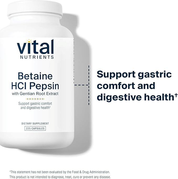 Vital Nutrients Betaine HCL Pepsin with Gentian Root Extract | Digestive Enzyme Formula to Support Protein Digestion and Nutrient Absorption* | Gluten, Dairy, Soy Free | 225 Capsules