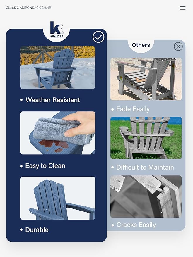 KINGYES HDPE Adirondack Chair, Classic All-Weather Adirondack Chairs Set of 6, Outdoor Patio Adirondack Chair for Deck Lawn fire Pit, Navy