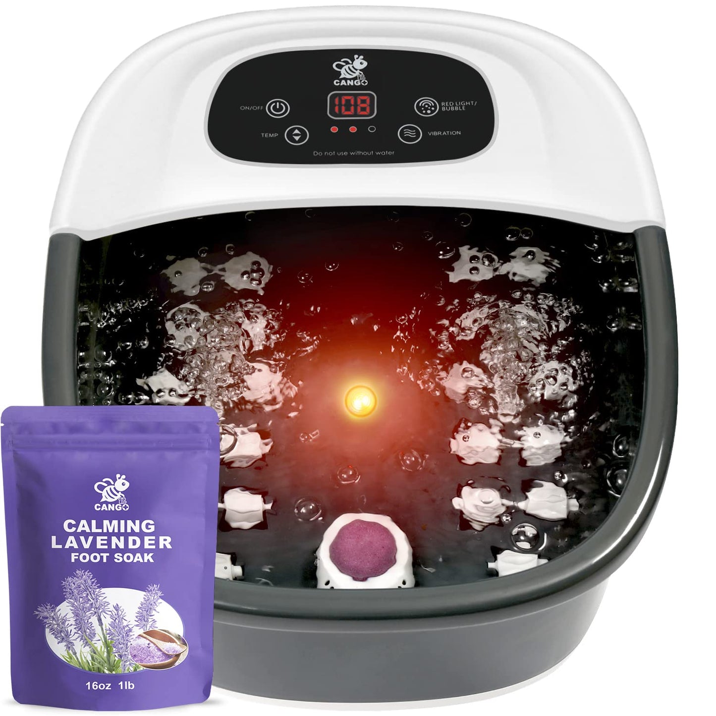 Foot Spa Bath Massager with Heat Bubbles and Vibration Massage and Jets, 16 OZ Calming Lavender Foot Soak Epsom Salt, CANGO Foot