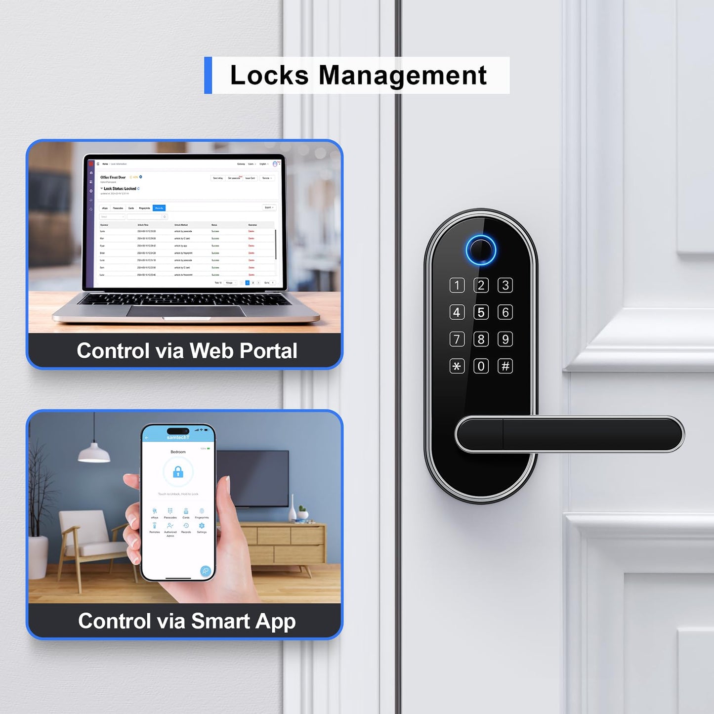 Keyless Entry Fingerprint Smart Lock with Handle & Keypad: Electronic/Electric Digital Lock with Code/Passcode, Biometric Deadbolt Door Knob for Front Door, Bedroom, Interior or Exterior Use (Silver)