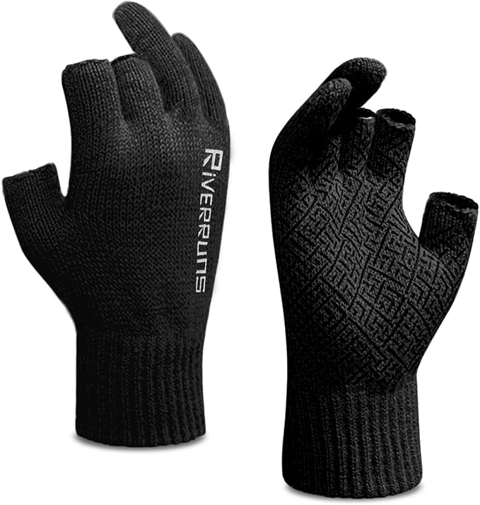 Riverruns Wool Fishing Gloves - Winter Fingerless Knitted Gloves for Men and Women 3-Cut Fingers Warm Gloves for Cold Weat...