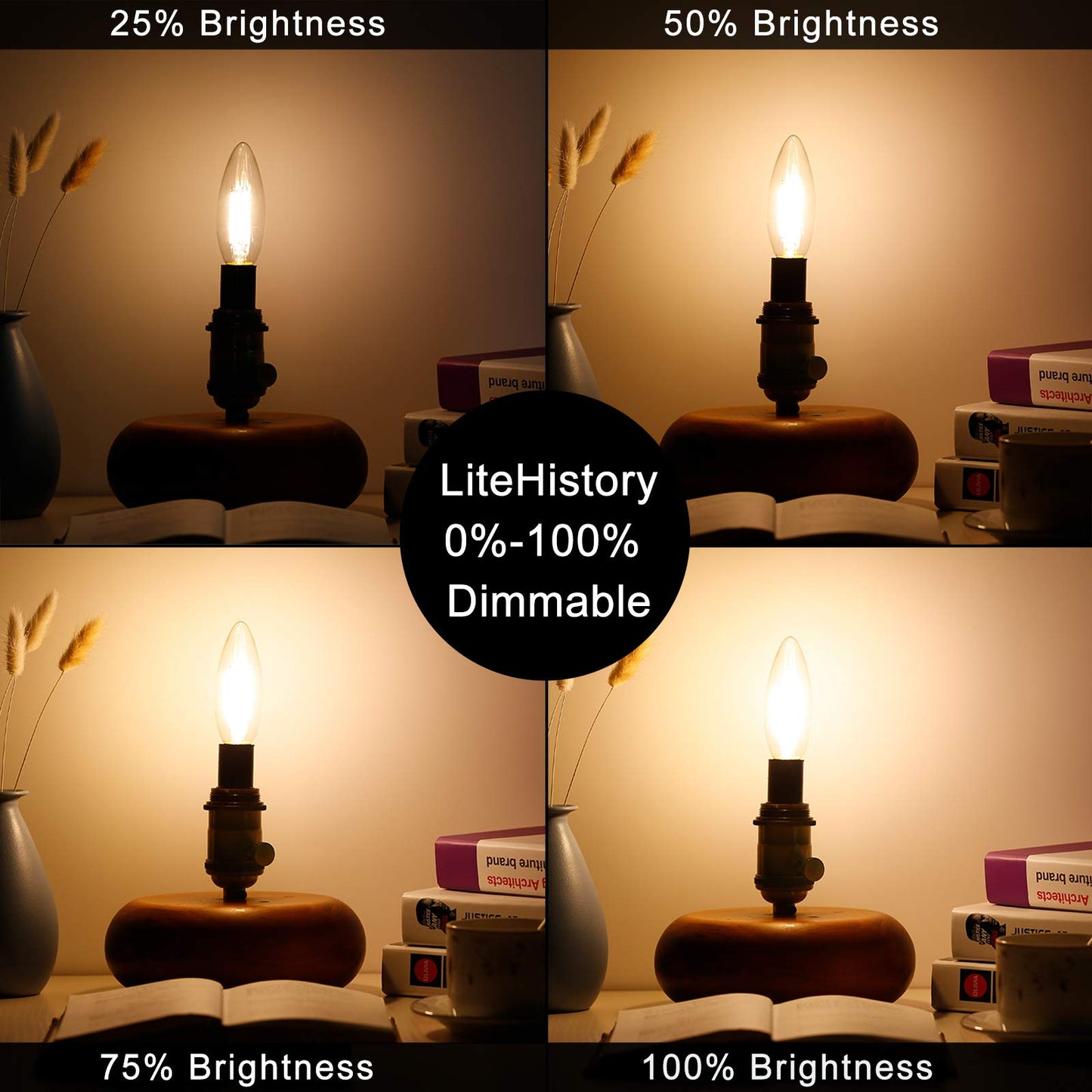 LiteHistory Dimmable B10 LED Bulb 6W (60W Equivalent) Clear E12 Edison 2700K 6-Pack
