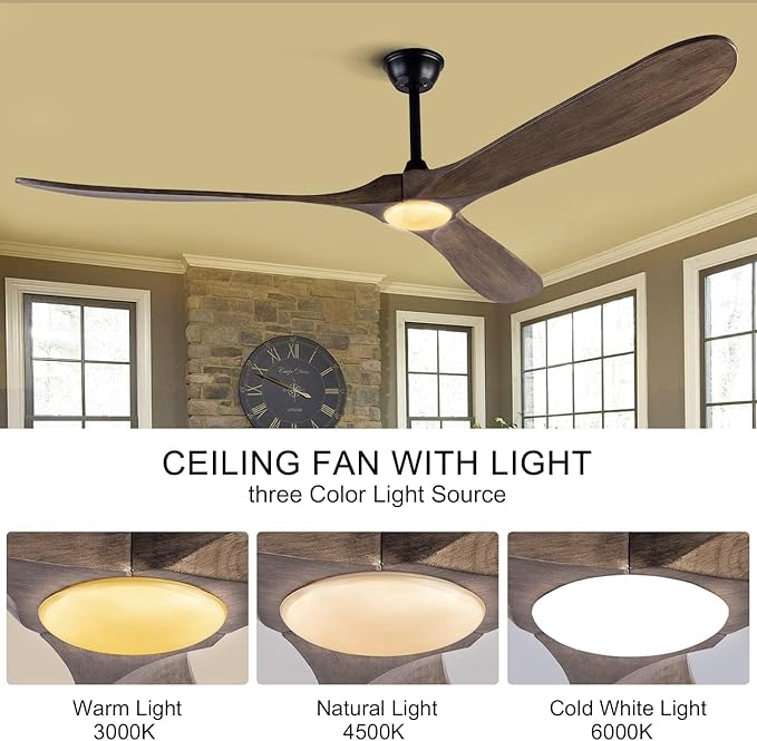 BOJUE 72 Inch Large Ceiling Fans with Lights, Ceiling Fan with Light and Remote Control, 3 Solid Wood Blades, Indoor Outdoor Ceiling Fans for Patios Porch Living Room Farmhouse