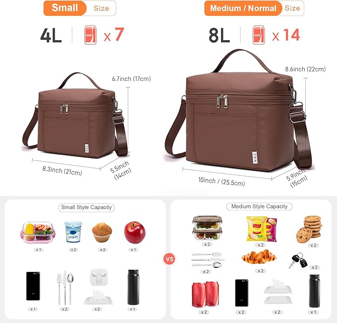 NOL Natural Organic Lifestyle Small Insulated Lunch Bags for Women Cooler Bag Lightweight Nylon Waterproof Lunch Box for Work（Small，coffee）