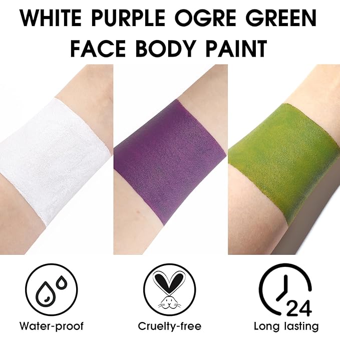 BADCOLOR 3PCS White Ogre Green Purple Face Body Paint Stick Makeup for Beetle-juice/ Frankenstein SFX Cosplay & Dress Up, Full-Coverage Halloween Facepaint Makeup Kit