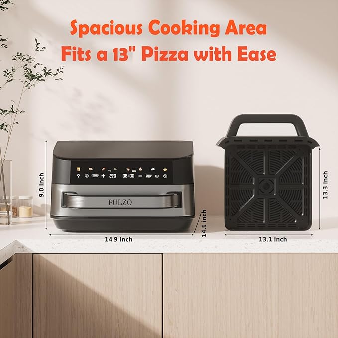 PULZO 7.4 Qt Digital Air Fryer, Large Family 13" Pizza Airfryer, One-Touch Presets, Dehydrate Function, 1650W Fast Heating, 170°F–450°F Precise Temp Control, Nonstick Basket, Dishwasher Safe