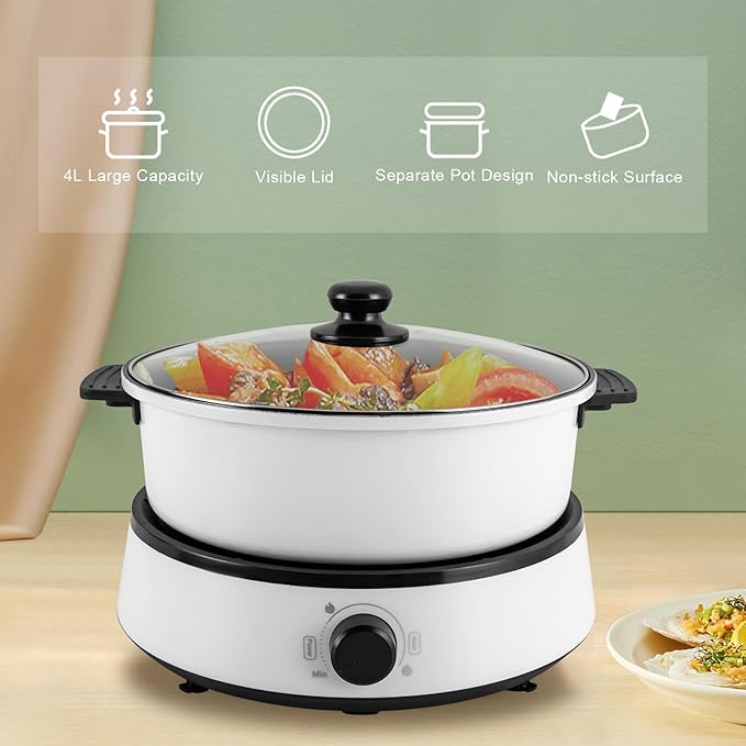 4L/4.2Qt Electric Hot Pot,Portable Electric Pan 1350W,Non-Stick Electric Skillet 1-5 People,Multi-Cooker for Parties, Barbecues,Camping,Travel (White)