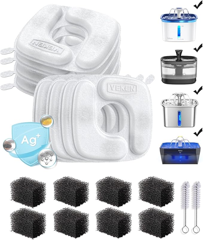 Veken Cat Water Fountain Filters, 8 Pack Replacement Filters & 8 Pack Replacement Pre-Filter Sponges Set for 50oz, 84oz, 9...