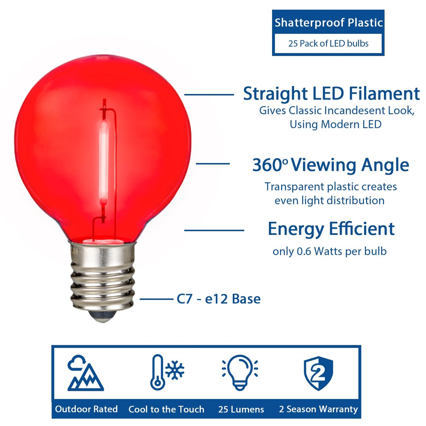 Novelty Lights 25 Pack Red G40 Led Filament String Light Bulbs  E12/C7 Candelabra Base  5 Watt Equivalent  Shatterproof Replacement Bulbs For Patios  Canopy Lighting
