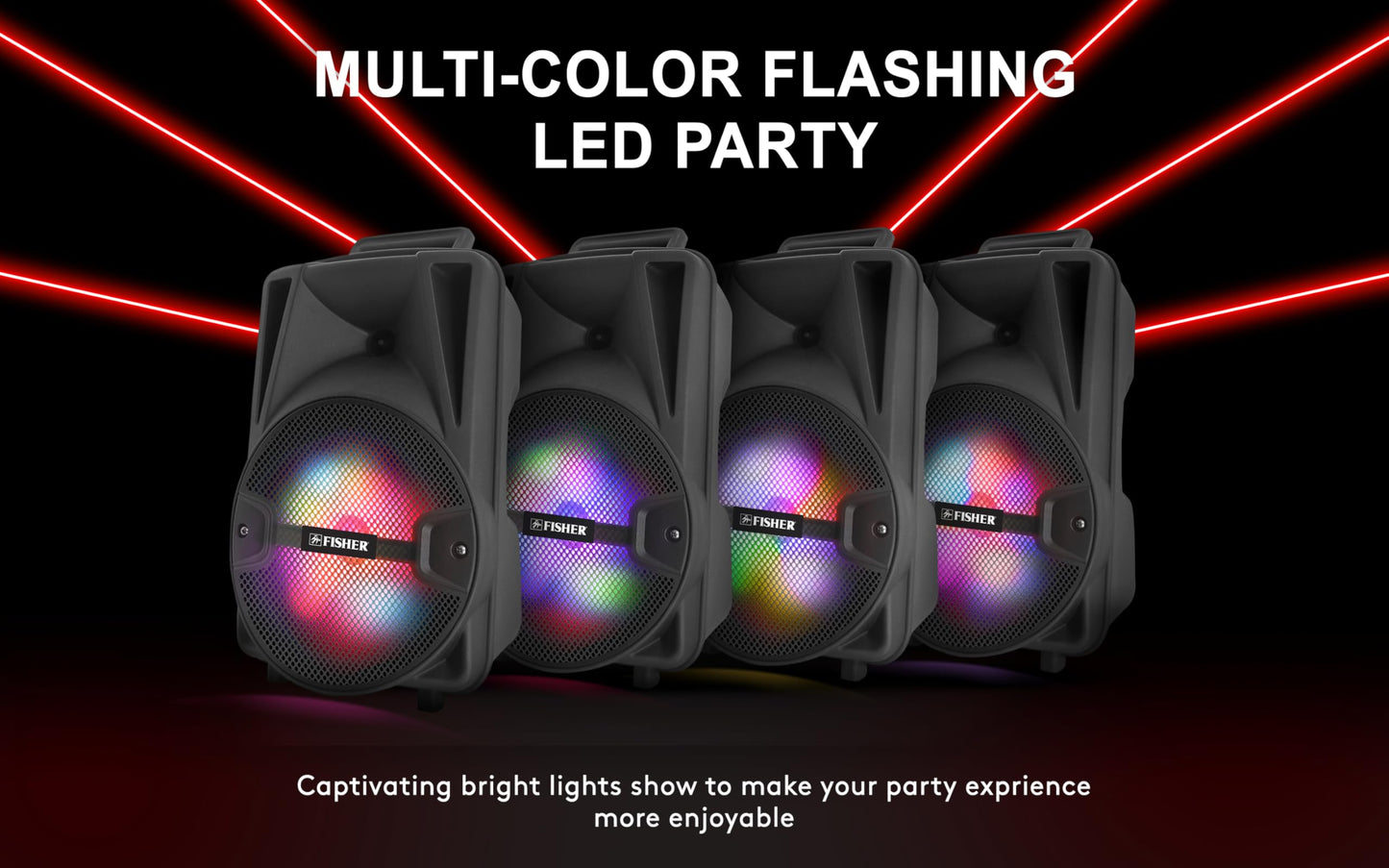 Fisher Portable Bluetooth Wireless Speaker System: 8" Subwoofer 20W Peak Power w Loud HD Bass Sound & LED Lights, Rechargeable, Karaoke, TWS Pairing, USB Port, FM Radio, Speaker Stand