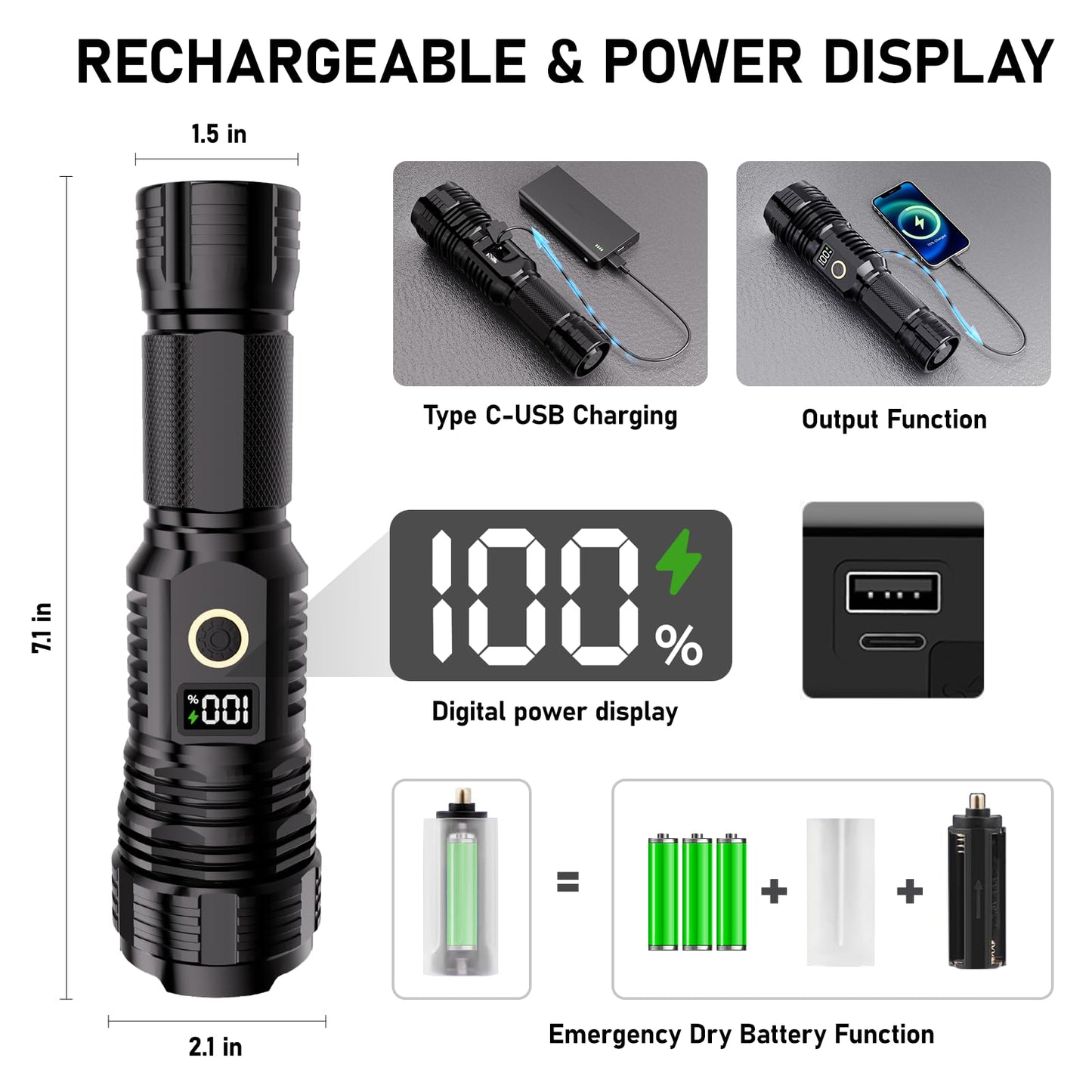 CHILDBOT Rechargeable Flashlight, 990000LM, 5 Modes, Waterproof, Aluminum, Black, Model Y1915C