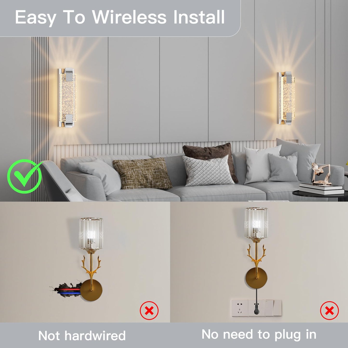 camuucci Battery Operated Wall Sconce, Rechargeable 12000mAh, Dimmable, 15.2 Inches, Silver, Model SNCD, Indoor Lighting Fixture