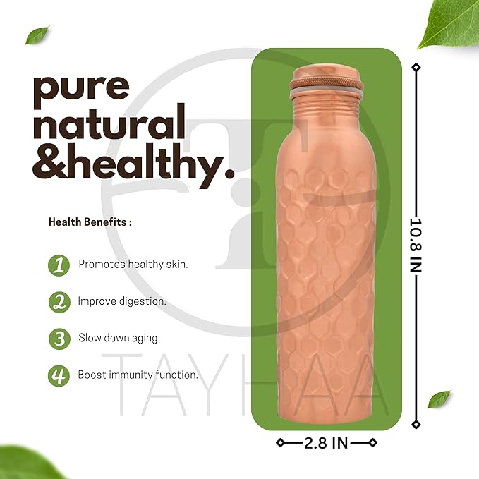 Pure Copper Metal Water Bottle - Indian Hand-Crafted Ayurveda Healing Benefit Water Bottle for Drinking, Travel, Hiking, Gym, Office, Outdoor - Normal Finish - 950 ML