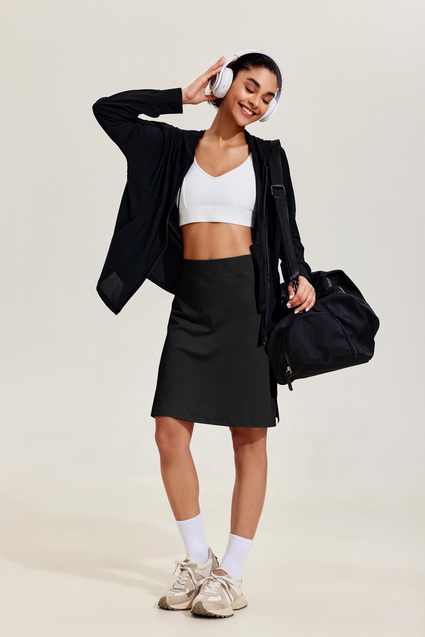COOrun Modest Skirts for Women 20" Knee Length Golf Long Skirts Comfortable Tennis Workout Skorts with Pockets Active Sports Skirts,Black Small