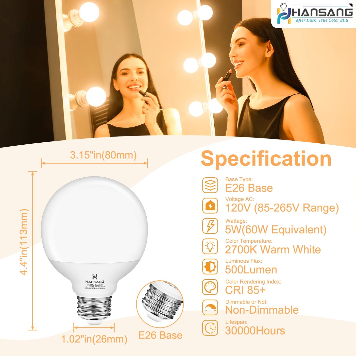 hansang G25 LED Vanity Light Bulb 5W 2700K Soft White E26 Base 500LM 4 Pack