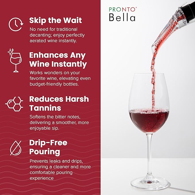 The Easy Pour Wine Aerator Spout by Pronto Bella, Professional Wine Aerator Attaches to Bottle for Improved Flavor, Enhanced Bouquet, Rich Finish No-Drip, Spill-Free Design, Gift for Your Wine Friends