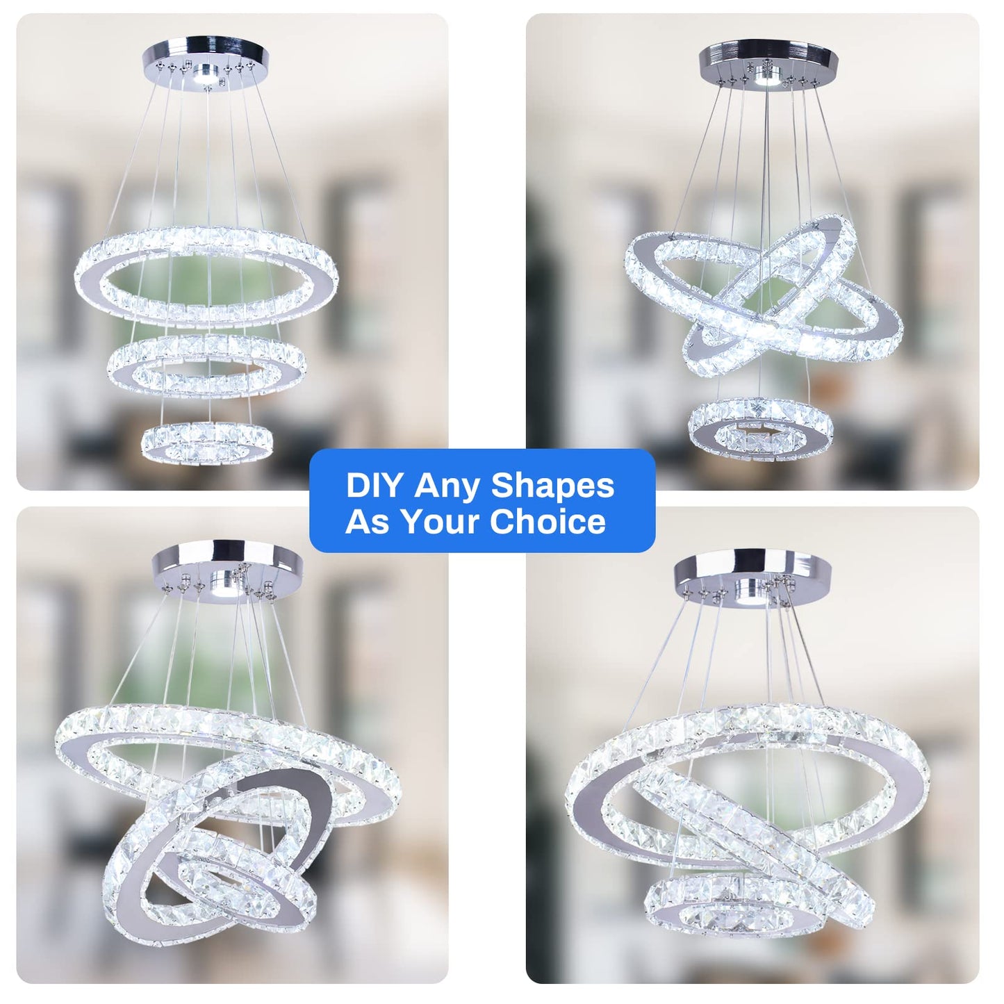 Cainjiazh Modern Crystal Chandelier 3 Rings LED Fixture Adjustable Ceiling Light for Dining Room, Bedroom, Living Room - Cool White, Model US-234YXDD-White