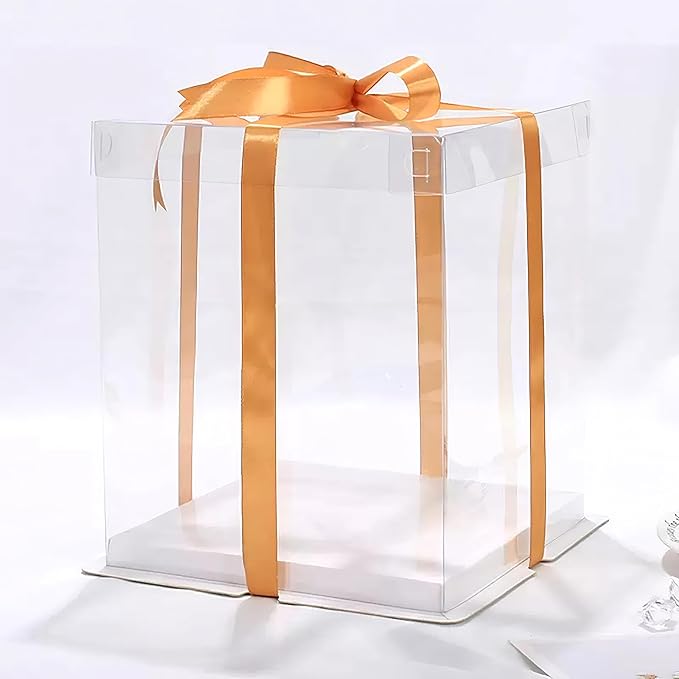 5 Pcs, 12'x12'x11' inch Food Grade Clear Plastic Display Boxes, 29.4 x 29.4 x 25 cm with Ribbon, for Cakes, Bakeries, Desserts, Birthday, Christmas and Thanksgiving