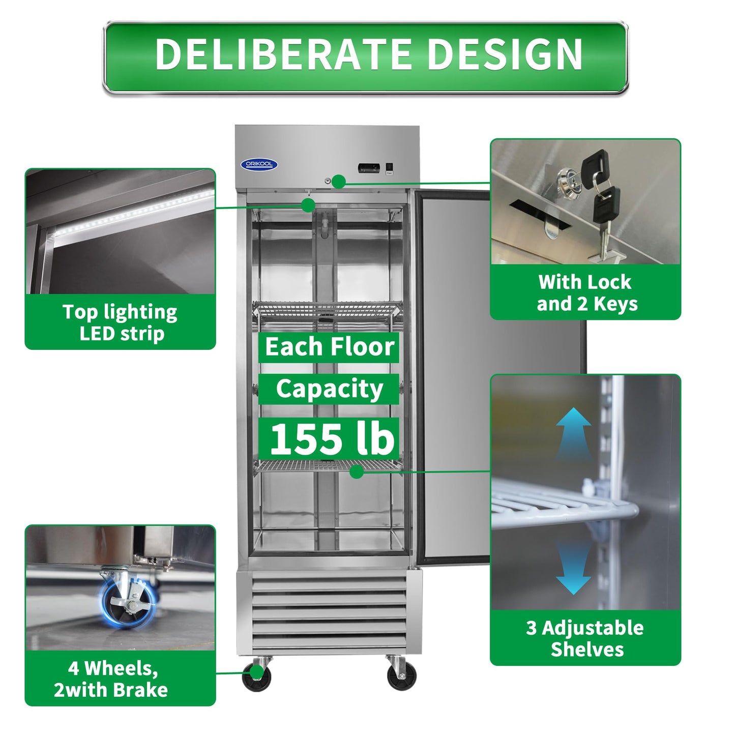 ORIKOOL 27" W Commercial Reach-In Upright Refrigerator - Single Door Stainless Steel Fridge, 23 Cu.ft Capacity, 3 Adjustable Shelves, Auto Defrost, Digital thermostat control, LED Lighting