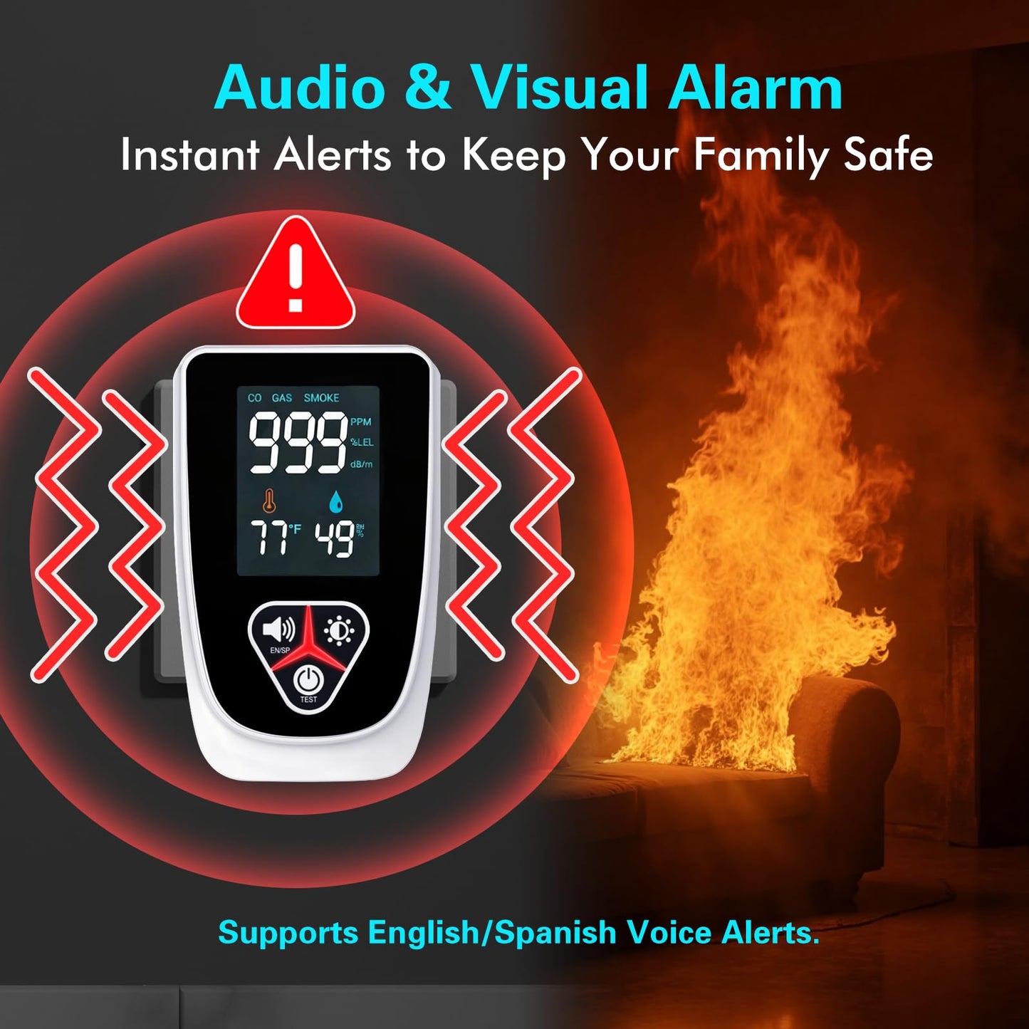 5-in-1 Plug in Gas & Smoke & Carbon Monoxide Detector, Combination CO Alarm with Temperature(°F) & Humidity HD Screen Supports English/Spanish Ideal for Home, RVs, Apartment (1 Pack)