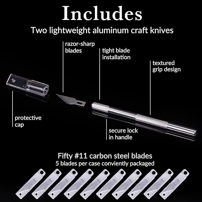 WA Portman Hobby Knife Set – 2pc Precision Craft Knife Set with 50 SK5#11 Steel Hobby Blades – Art Cutter Tool for Paper, Vinyl, Leather, Plastic, Fabric, Wood – Essential DIY and Craft Supplies