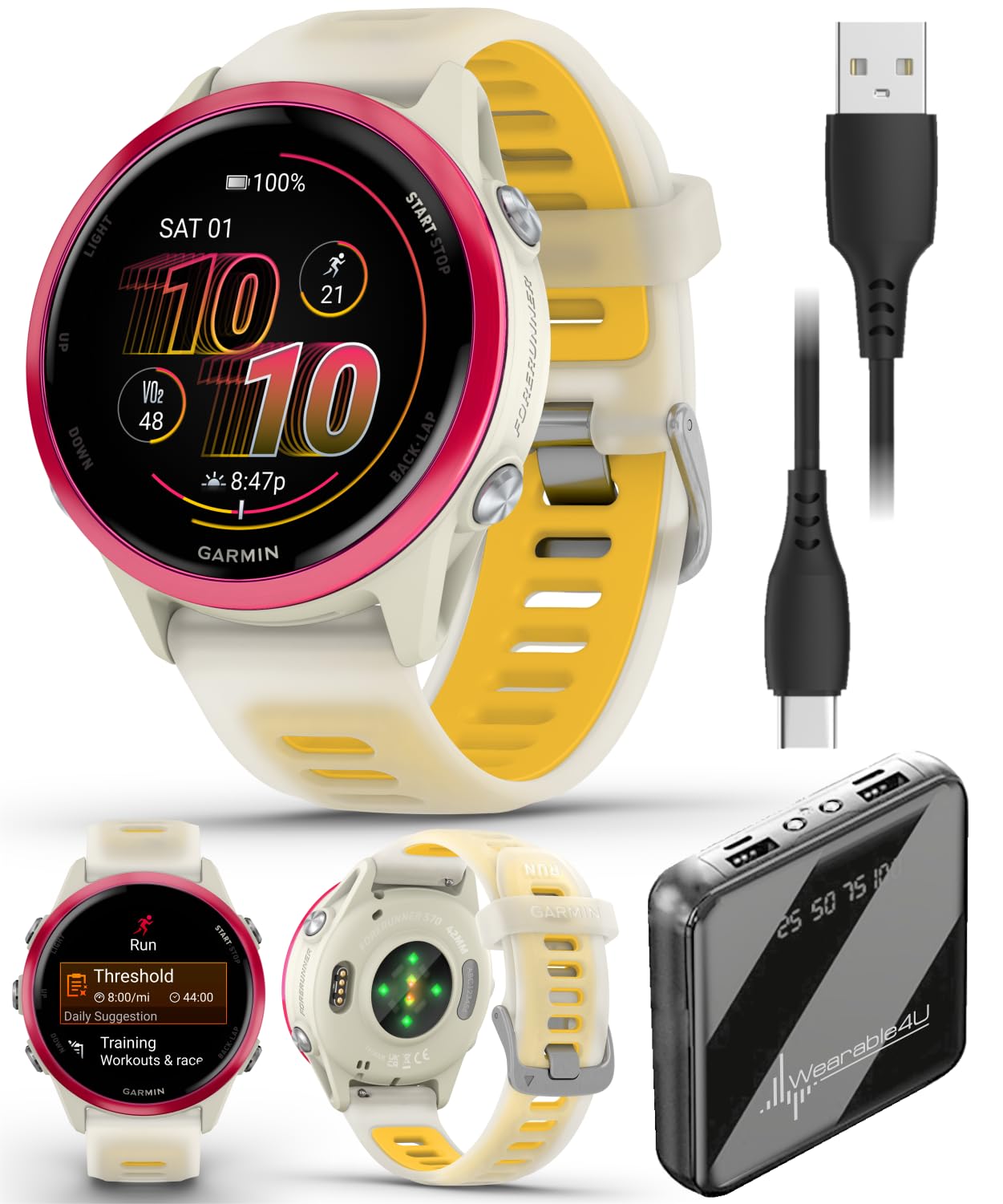 Garmin Forerunner 570 42mm Advanced GPS Running & Triathlon Smartwatch, AMOLED Display, Training & Recovery Features, Raspberry Aluminum w/Translucent Bone/Mango Band w/ Wearable4U PowerBank Bundle