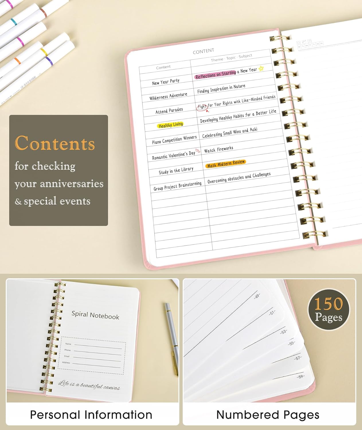 Lined Spiral Journal Notebook for Women, A5 Hardcover Notebooks for Work, 150 Numbered Pages Pink Notebook, 100GSM College Ruled Journals for Writing, Note Taking, 5.75" x 8.38"