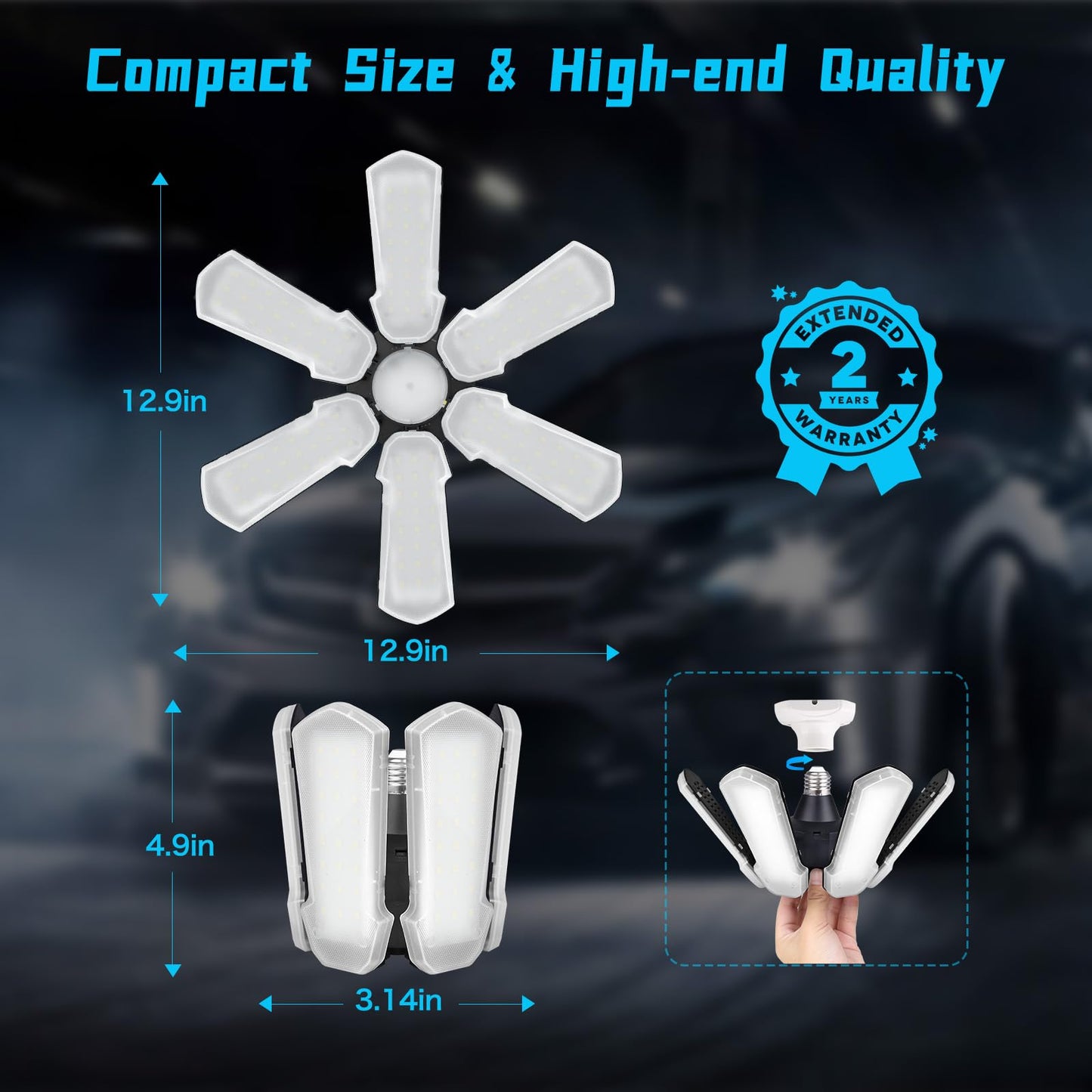 Myteaworld Upgrade Led Garage Light Bulb 150W 15000Lm  Deformable Garage Lighting Led With 6+1 Adjustable Panels  E26/E27 Screw-In Light Fixture For Basement Workshop Utility Room  White(1Pack)