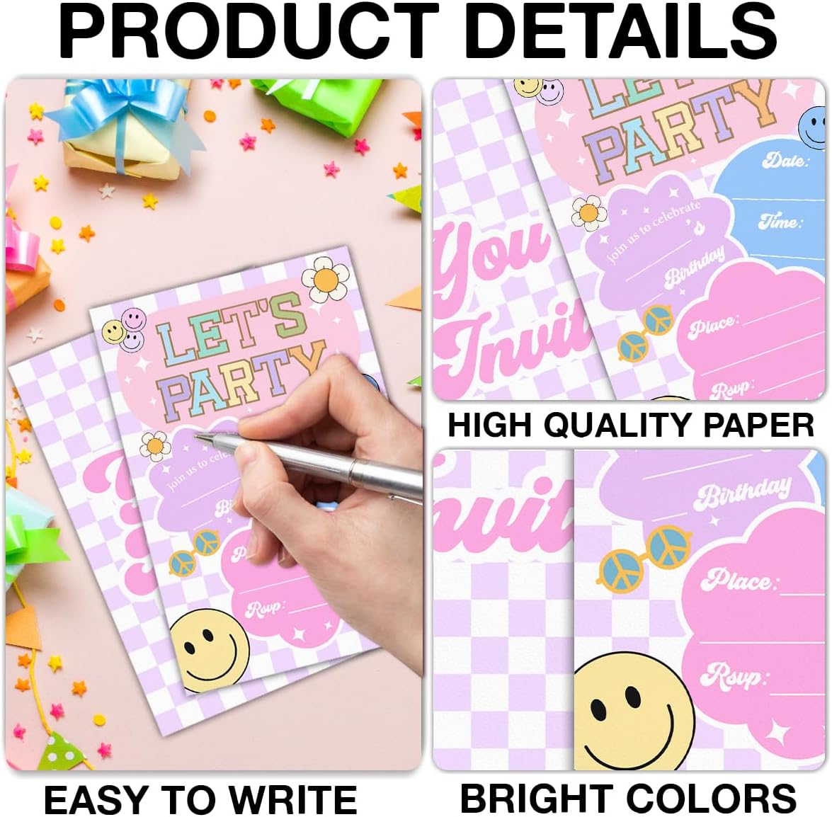 Let’s Party Birthday Invitations, Retro Smile Face Birthday Party Fill in Invites Cards With Envelopes (20 Count), Double Sided Design