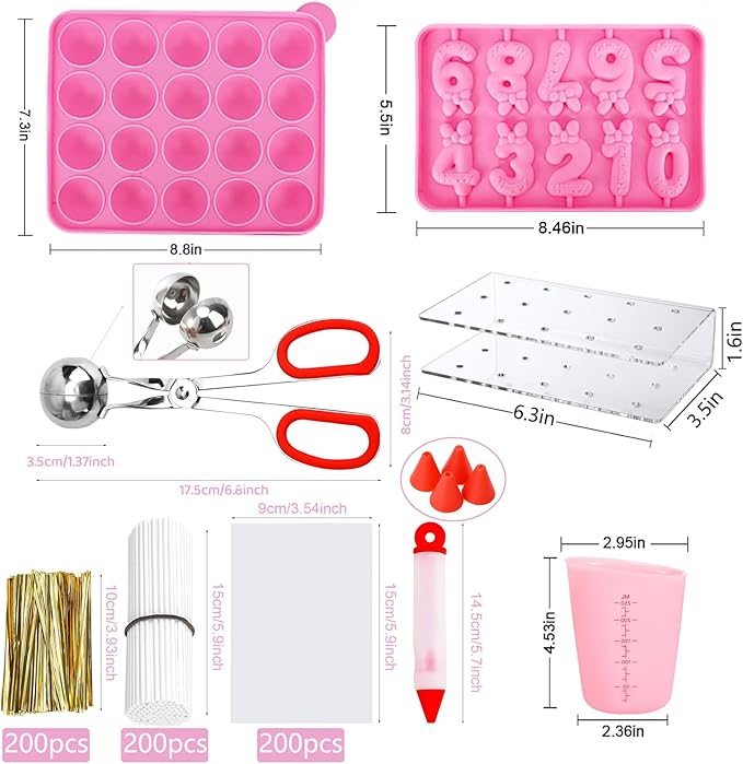 Cake Pop Molds Kit 610PCS Lollipop Cake Pop Maker Set with Cake Pop Stand, Cake Pop Sticks and Wrappers, Decorating Pen, 4 Piping Tips, Measuring Cup, Pink
