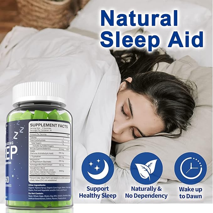 NEVISS Melatonin Free Sleep Aid Gummies for Adults - GABA, L-Tryptophan, Magnesium, Ashwagandha - Non-Habit Forming, Help for Deep Relaxation - Vegan, Meyer Lemon Flavor, 1Pack
