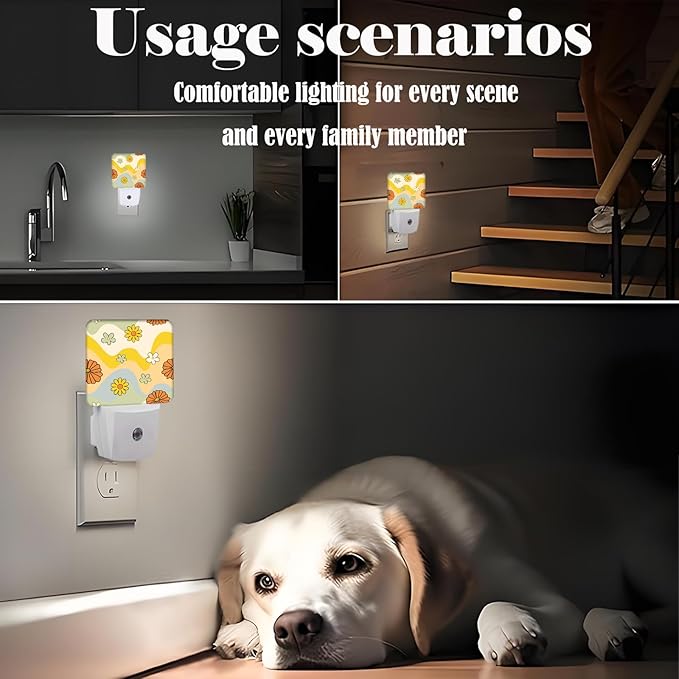 Waves and Floral Night Light,Plug Into Wall for Boys Girls Bedroom Decorative Square Night Light Lamp 0.5w Sleep Friendly