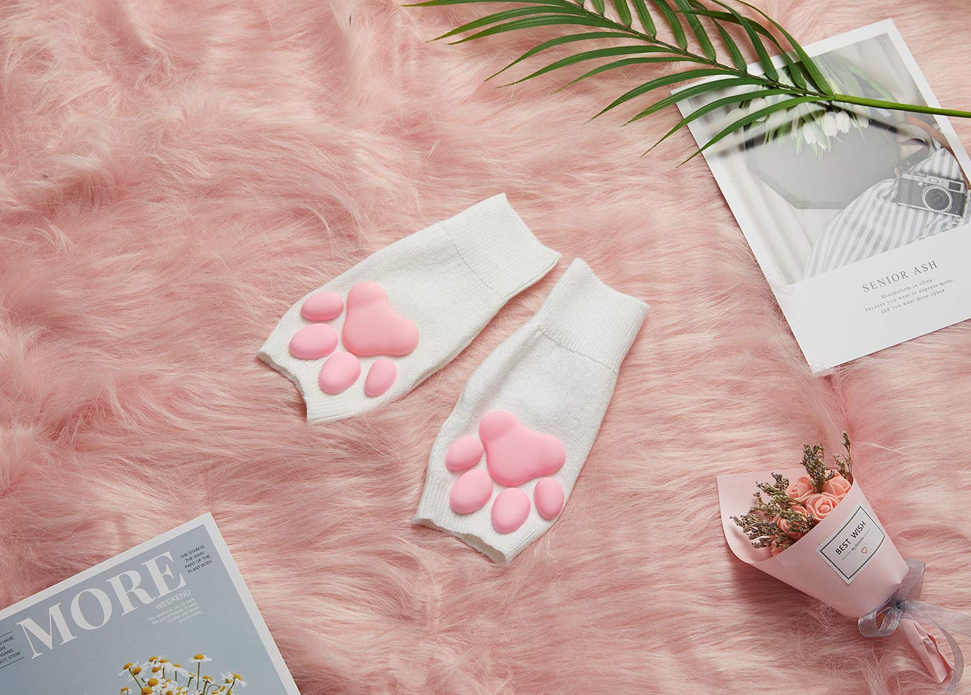 HOMEGYMFREE Cute Cat Paw Mittens Gloves, Kawaii Cat Cosplay Kawaii Soft 3D Toes Beans Fingerless Cat Claw Paws Pad Sleeve (White-Short)