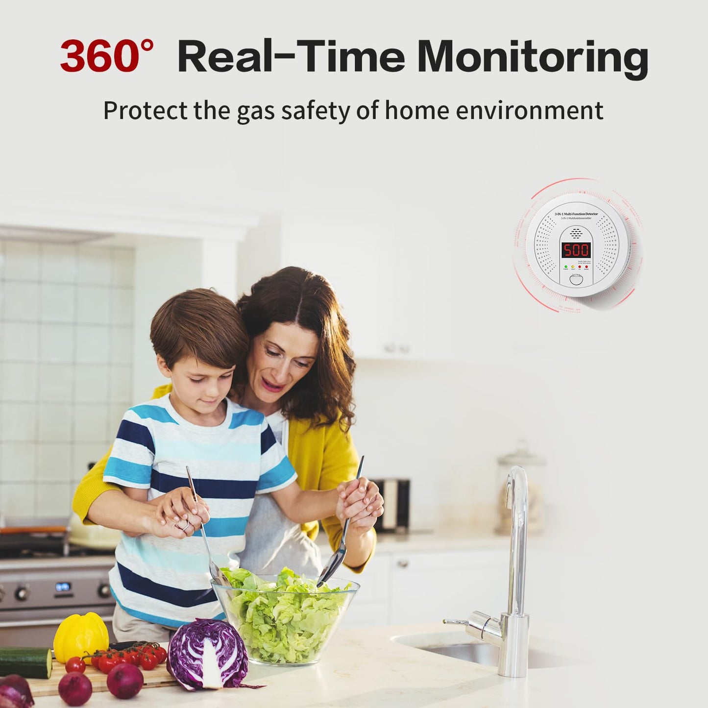 3 in 1 Multi Gas Detector Smoke Carbon Monoxide and Heat Detector 10 Year Battery Powered CO Alarm with Clear LCD Display and Audible Alarm for Home Safety and Protection Includes Battery