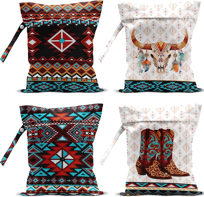 4 Pack Southwestern Boho Aztec Wet Bag Waterproof Washable Reusable Wet Dry Bag for Swimsuit Clothes Cloth Diaper Travel Beach Pool Yoga Gym Toiletries Gift for Women Sister Bestie Birthday Christmas