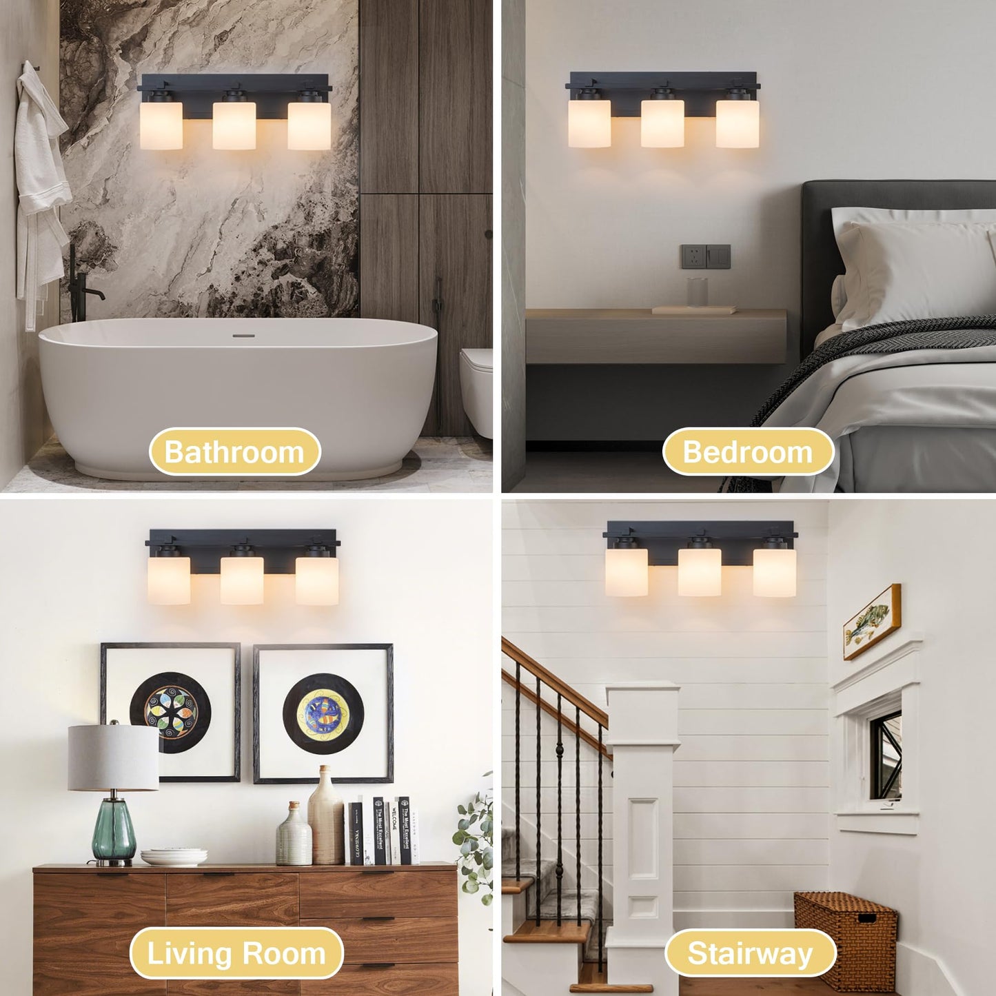 BrkNit 3 Light Modern Bathroom Light Fixtures Over Mirror, Black Vanity Lights for Bathroom Wall Sconces with Milky White Glass Shades, E26 Socket (Bulbs Not Included)