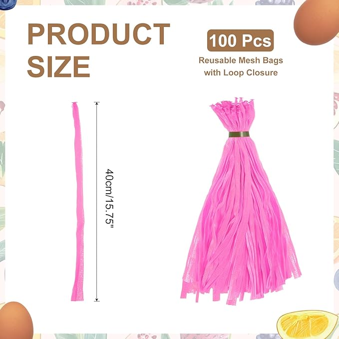 uxcell 100Pcs Reusable Produce Mesh Bags, 40cm Mesh Nylon Netting with Loop-Style Closures, Stretchable Egg Hatching Bags for Fruit Vegetable Storage, Pink