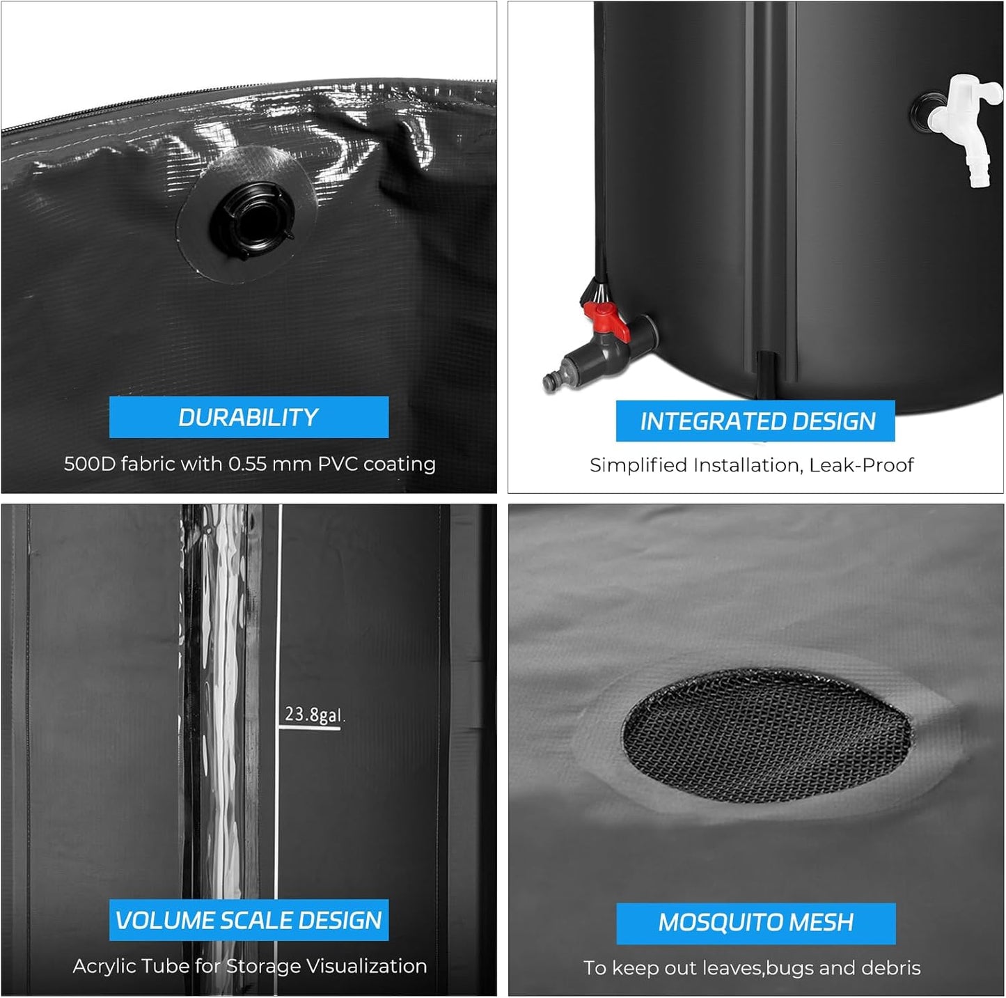 Rain Barrels to Collect Rainwater from Gutter - Rain Collection Barrel Water Barrel Rainwater Collection System Collapsible Rain Barrel Include Filter Two Spigots and Overflow Kit (100 Gallon, Black)