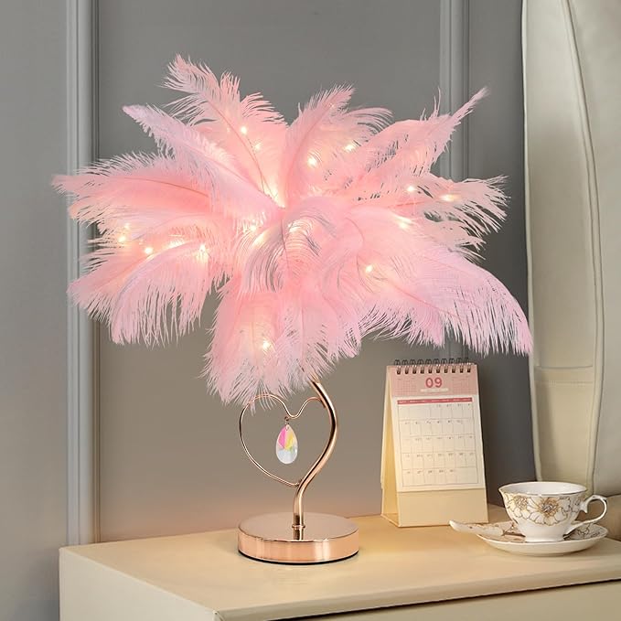 Pink Ostrich Feather Lamp Creative Furry Bedside Lamp Romantic Feather Table Lamp Fluffy Nightstand Lights for Girl Bedroom Wedding Decor Valentines Dating Livingroom Hotel Office
